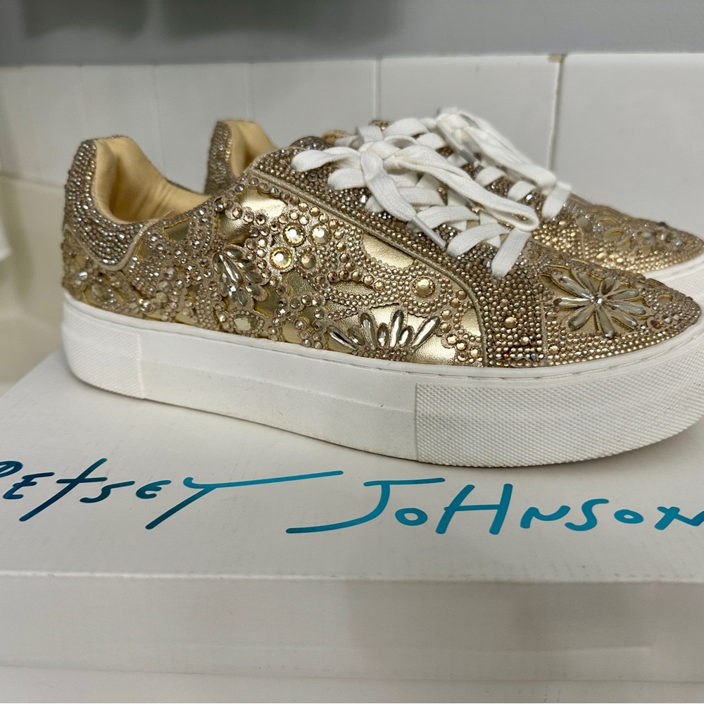 Betsey Johnson Gold and White Embellished Sneakers size 10 -Reily